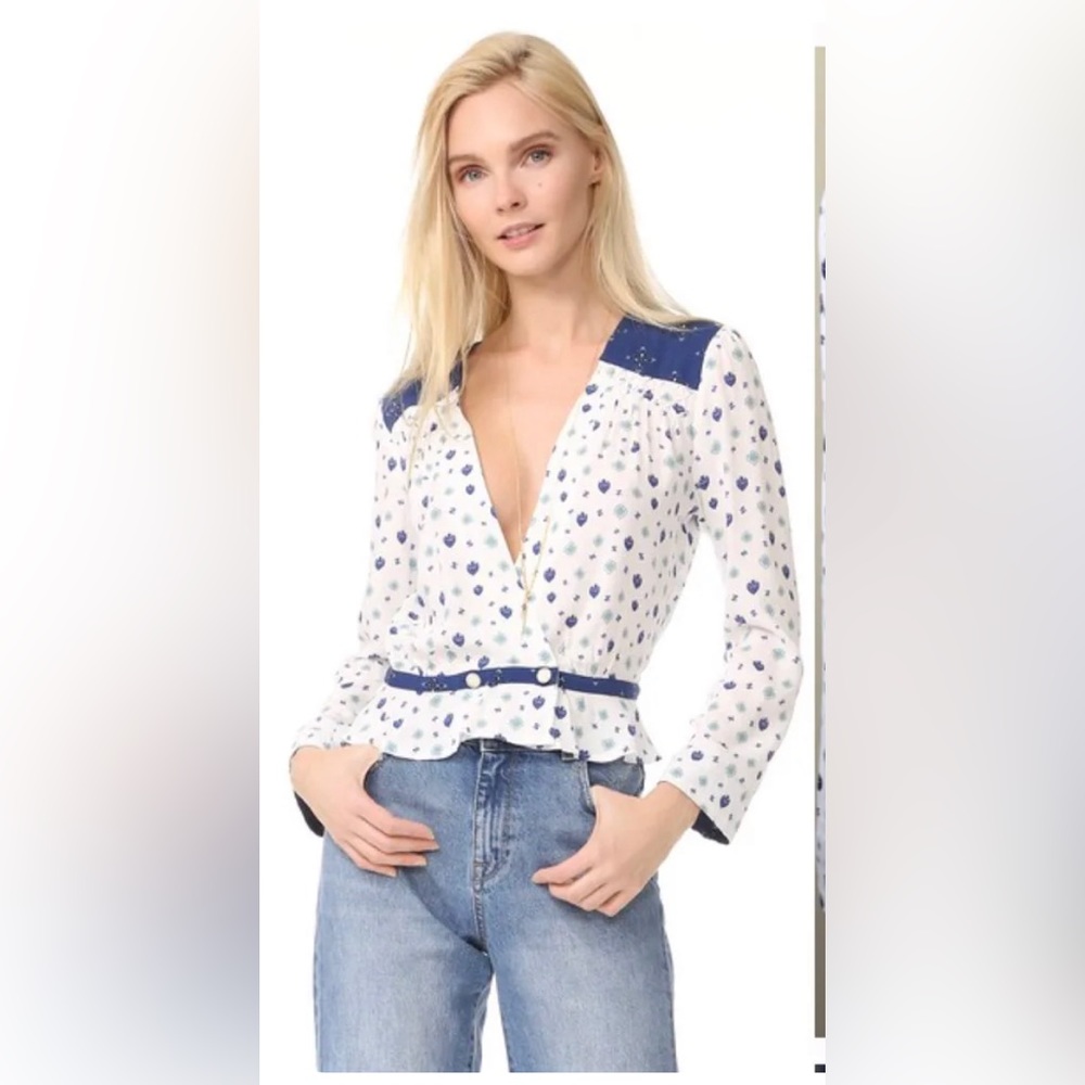 Free People Where We Roam Geo Printed Surplice Wrap Peplum Career Top Blue